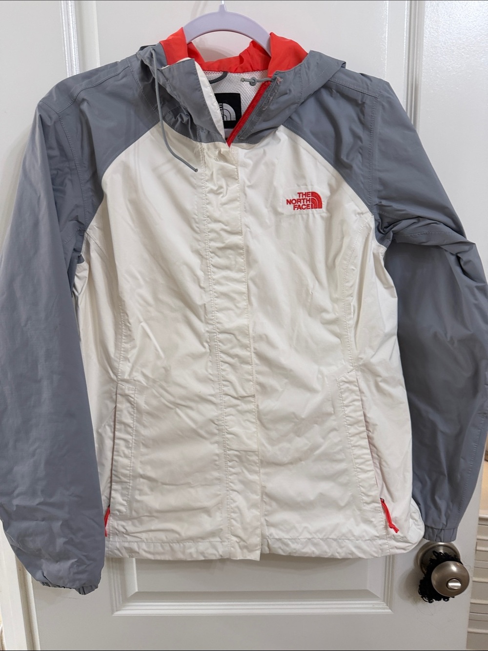 The North Face Women's White & Gray Hooded Jacket with Red Accents